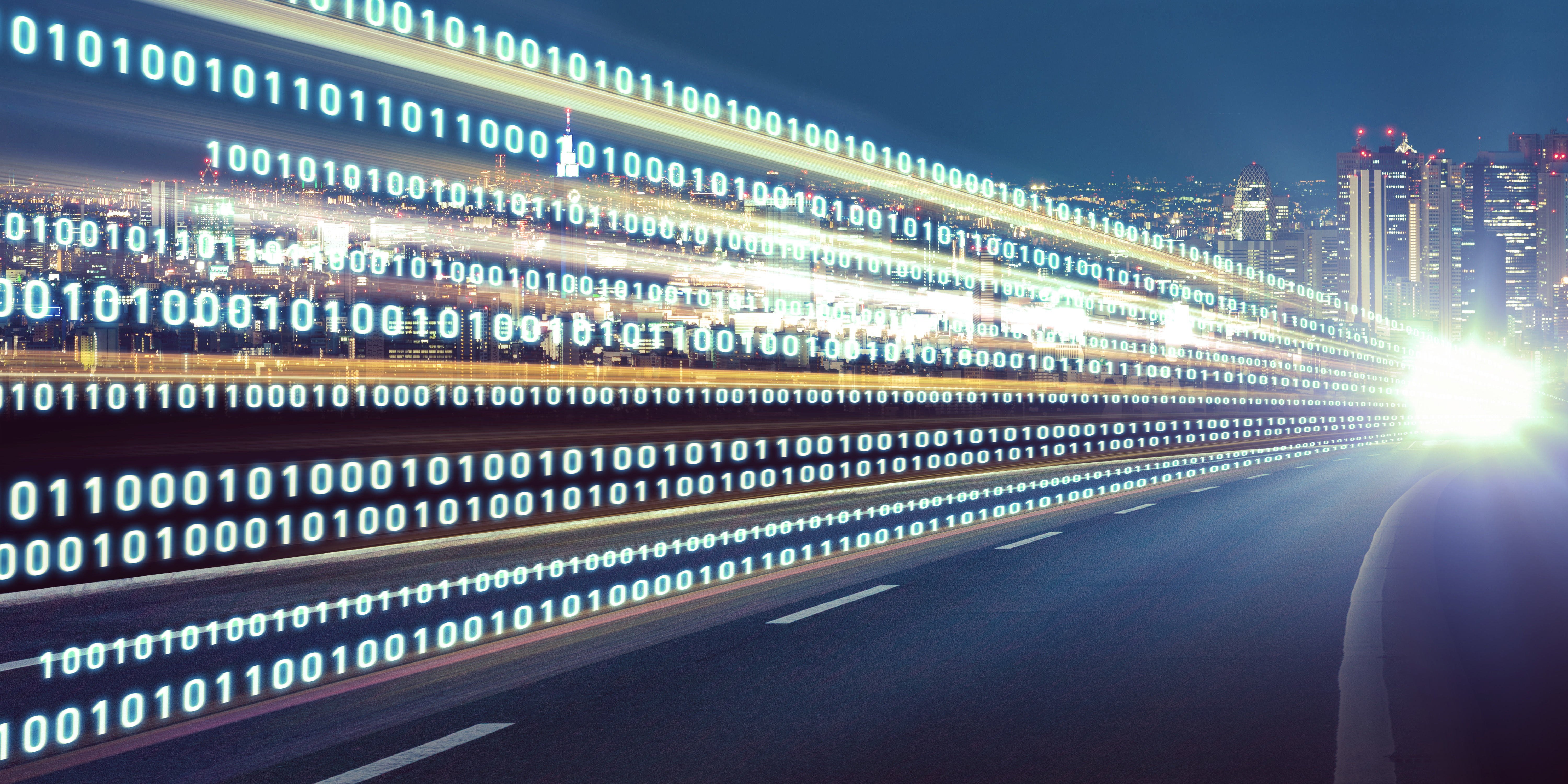 Digital signals flying over highway. Digital transformation. Internet of Things. Digitalisierung