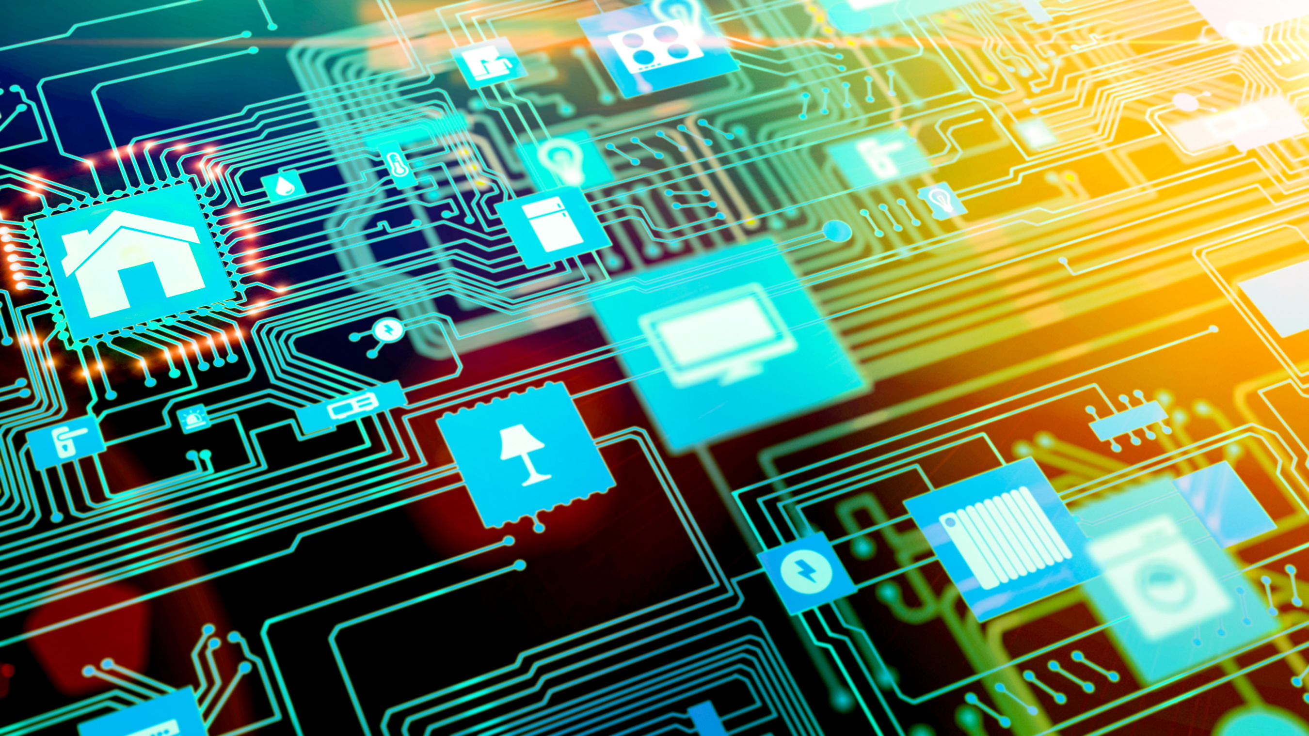 Smart home: Smarthome house automation icon on motherboard, future technology home remote control concept.