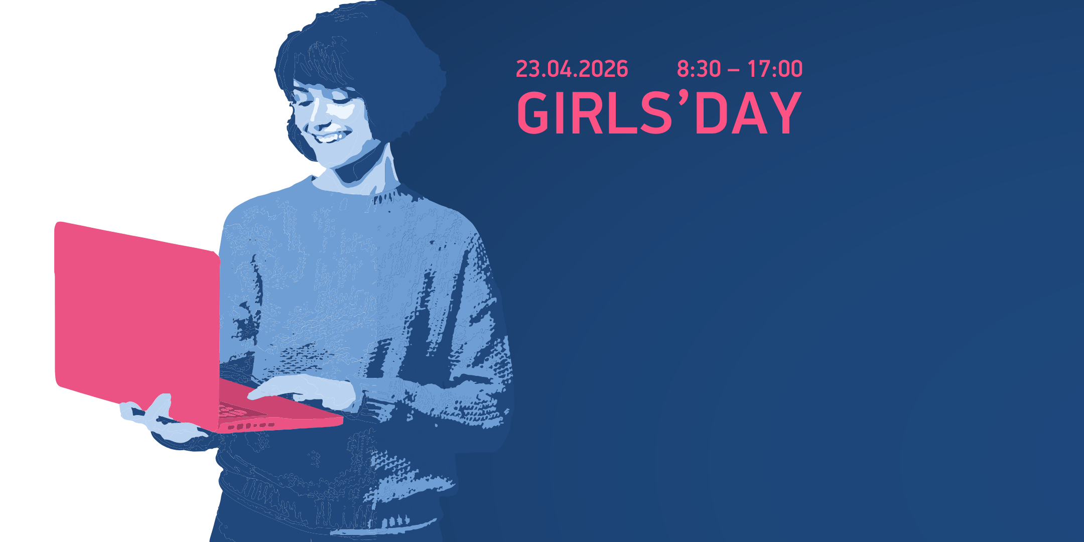 Mädchen mit Computer, daneben das Datum und der Titel Girls'Day