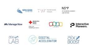 Eine Abbildung der Partner der Veranstaltung. Enthalten sind: Die NRW:Bank, TechVision OFnds, Dr. neumann Shcmeer und Partner, Manage Now, Das Deutsche Rote Kreuz, ZOHO, Interactive Pioneers und die Logos der drei Startup Programme des digitalHUB Aachen.